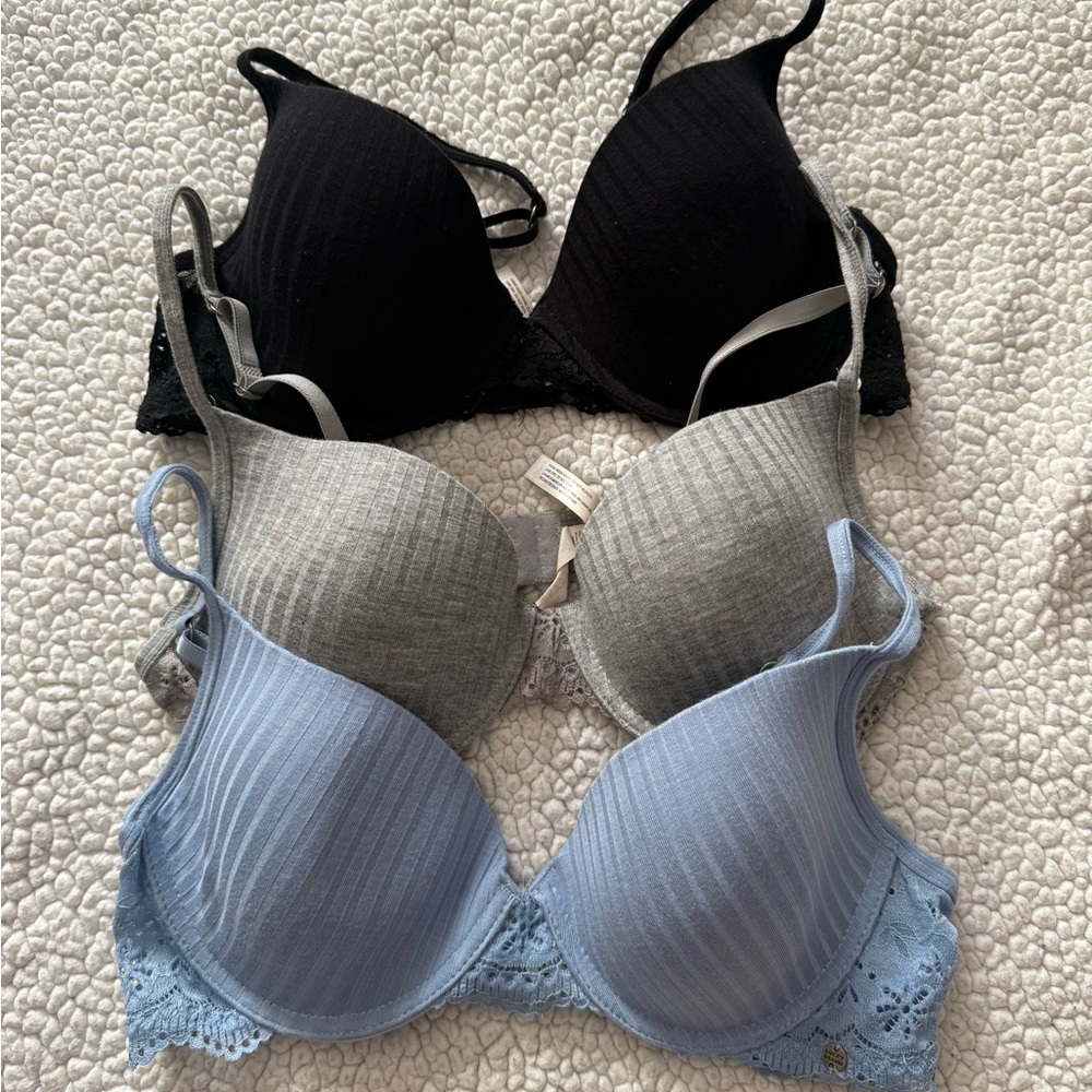Lucky Brand Lace Trim Bra Set - Black, Gray, Blue